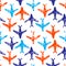 Blue orange and white flying planes grunge print seamless pattern, vector