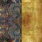 Blue orientalt patterned textured background with golden spraying