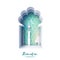 Blue Origami Mosque Window Ramadan Kareem Greeting card with arabic arabesque pattern.