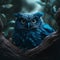 a blue owl sits in the hollow of a tree at night