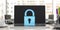 Blue padlock on a laptop, blur office background. 3d illustration