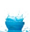 Blue paint water spill splash in bowl cup. Blue liquid lotion moisturizer cosmetic pour float in mid air. Blue cocktail drink