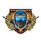 Blue paintball mask with guns in the center of wreath on shield. Sport logo for any team or tournament on white