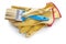 Blue paintbrush on yellow leather working gloves isolated