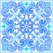 Blue painting on ceramic tile. Seamless pattern ornament. Arabesque pattern for fabric, wallpaper, embroidery, decoration.