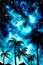 Blue palms starry night watercolor background
