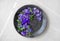 Blue pansies in a metal tray on concrete background