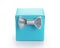 Blue paper giftbox with silver simple ribbon bow