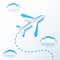 Blue paper vector flying plane in clouds