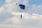 blue parachute jumpers in the sky