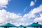 Blue parasols with blue sky background in a sunny day