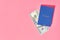 Blue passport near banknote of 100 dollars on pink background