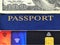 Blue passport, one hundred dollars bill and three different credit cards