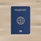 Blue passport on wood background. Vector.