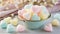 Blue, pastel bowl filled with small hearts made of cotton candy, love, Valentine\\\'s Day