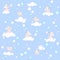 Blue pattern with angels, clouds and bubbles