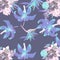 Blue Pattern Plant. Purple Tropical Background. Indigo Floral Vintage. Cobalt Flora Art. Coral Decoration Palm.