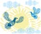 Blue peace doves on the background of yellow sun with clouds. Birds of Paradise flying towards the sky. Patterned birds