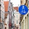 Blue pedestrian zone road sign in old city