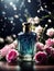 a blue perfume bottle surrounded by flowers