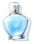 Blue perfume transparent bottle. Realistic glass mockup