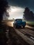 a blue pickup truck driving down a dirt road picture on cinematic back lit lighting. AI, generated, generativ, AI generated, AI