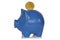 Blue piggy bank with fifty eurocents