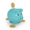 Blue piggy bank and golden bitcoins on white background. Accumulation concept. 3d rendering.