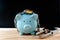 Blue Piggy bank locked, chained with black background, Protect savings, Protect capital, Protect retirement fund concept
