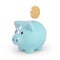 Blue piggy bank and one coin on white background. Accumulation concept.