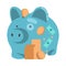 Blue Piggy Bank with Stacked Golden Coins as Asset and Money Abundance Vector Illustration