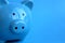 Blue piggy moneybox on blue background a symbol of 2019