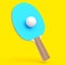 Blue ping pong racket for table tennis with ball isolated on yellow background