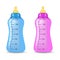 Blue and pink bottles on isolated background. Child bottels. Vector illustration