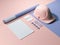 Blue-pink branding mockup with blank sheets, envelope and hard hat. 3d rendering