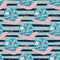 Blue and pink colored snail silhouettes seamless pattern. Stylized wildlife artwork on striped background. Fauna print