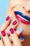 Blue pink fashion nails and lips.