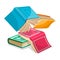 Blue, pink, green, yellow thick books falling down or flying. Revising for exams at school