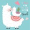 Blue pink hand drawn cute card with llama,flower,heart.I love you to the moon and back