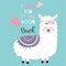 Blue pink hand drawn cute card with llama,flower,heart.I love you to the moon and back