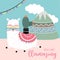 Blue pink hand drawn cute card with llama,flower,light,mountain and cloud.You are llamazing