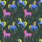 Blue and pink horses in an endless pattern on a dark background with wheat