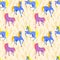 Blue and pink horses in an endless pattern on a wheat background