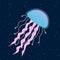 Blue and pink jellyfish on a dark blue background illustration underwater sea medusa fluorescent srar vector