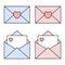 Blue and pink mail linear icons with heart seals. Open and closed envelopes. Valentine day concept