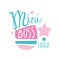 Blue and pink mini boss logo creative design. Original label for kids-focused business. Colorful hand drawn vector