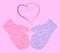 Blue and pink mittens and a vintage heart.Vector illustration