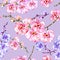 Blue and pink orchid flowers on light lilac background. Seamless floral pattern. Watercolor painting. Hand drawn illustration