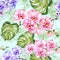 Blue and pink orchid flowers with outlines and large green monstera leaves on light blue background. Seamless pattern.