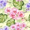 Blue and pink orchid flowers with outlines and large green monstera leaves on light green background. Seamless pattern.